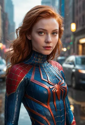 महिला किशोर महिला स्पाइडरमैन के एक विदेशी थीम्ड क्लोजअप फुलबॉडी चित्र के एक उच्च गुणवत्ता वाले, फुलबॉडी चित्र के सामने खड़ी थी। उसकी त्वचा चिकनी और चमकदार थी, जिसमें उसके गाल पर गुलाबी रंग का संकेत था। उसकी आँखें