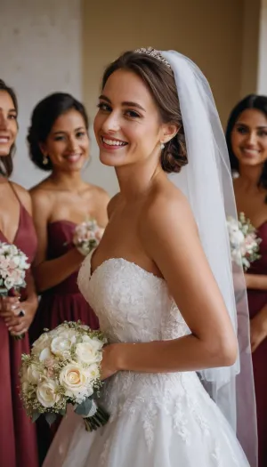 Happy woman, bride and wedding party