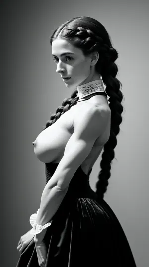 A vintage photograph captures a young woman wearing an 18th century Spanish slave outfit, revealing her curves and adding to her overall sexy look