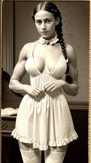 A vintage photograph depicts a stunning 19th century Spanish slave wearing a vintage Victorian-style dress with long stockings and high heels. The photo was taken from afar, showcasing the beauty of the young woman's features. She has full frame height