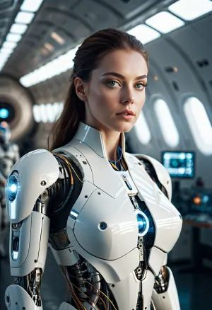 The photo is a stunning AI-generated portrait of a beautiful woman with intricate spaceship background. The photo was taken using the Sony Alpha 1 camera, which has an incredible 85mm lens that captures incredible detail in extreme long exposure shots. This photo is