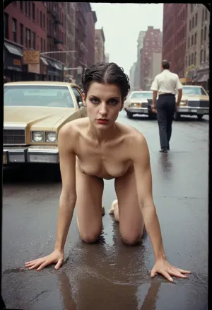 Una foto vintage di una giovane donna greca negli anni '80, indossando un vestito da ballerina e strisciando in una strada affollata di Chicago. Lei indossa la pelle ad alto dettaglio e ha il trucco disordinato