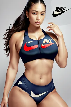 woman, Perfect lighting, perfect skin, 8k, stunning quality, photorealistic, in a, ((Nike pro Leggings)), ((Nike pro sports bra)), ((wet hair)), black frizzy hair, slicked back hair, very sexy pose, perfect teeth, beautiful eyes, bangs hairstyle, tanned skin, dominatrix, thigh highs, (slim), athletic, (toned midriff), wide hips, muscular thighs, waist, busty, realistic face, large round ass, (((Text, Nike Pro, on waistband:1.4)))