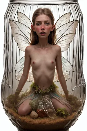 Uma IA gerou uma obra-prima de alta resolução de uma mulher com asas, chorando com medo. A imagem era completa e detalhada, mostrando o vestido de tinkerbell rasgado da mulher com mamas expostas. A mulher estava ajoelhada dentro de um frasco de vidro,