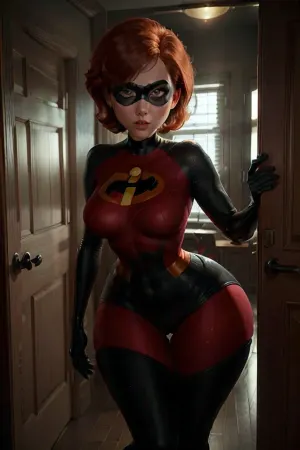 Helen Parr, Elastigirl로 알려진, 그녀의 바디 슈트와 domino 마스크와 뷰어를 유혹하는 문 프레임에 기울여