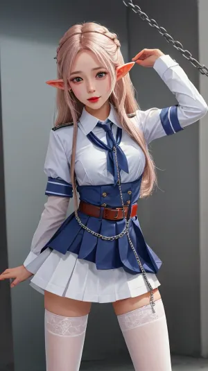 A beautiful elf in a school uniform lifts her skirt showing a thong, DropPanty, WhiteRealStockings, bdsm, chain, leash, collar, viewer, holding, <lora:qqq-BDSM-v3-000010:.5>, <lora:chain_leash_v0.6:.5>