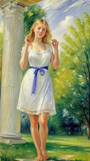 The woman stood in front of a ruined building, her blonde hair blowing in the wind. She was wearing a nightgown and barefoot, looking around with curiosity. As she approached the ruins, she couldn't help but feel a sense of awe