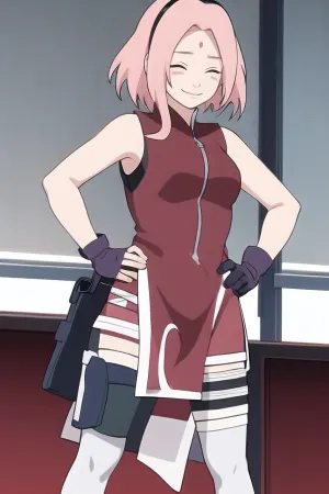 Sakura, il kunoichi di Konohagakure, era conosciuto per la sua forza e determinazione. Indossava un qipao con un top senza maniche e una gonna corta che le mostrava le gambe tonica. I suoi capelli erano legati