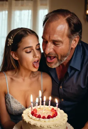 父亲给他女儿的20岁生日派对带了蛋糕 让她在舔下脸颊时笑着脸红