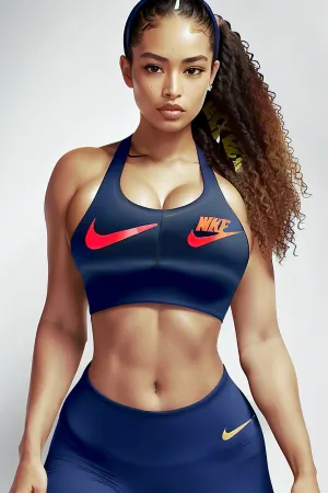 woman, Perfect lighting, perfect skin, 8k, stunning quality, photorealistic, in a, ((Nike pro Leggings)), ((Nike pro sports bra)), ((wet hair)), black frizzy hair, slicked back hair, very sexy pose, perfect teeth, beautiful eyes, bangs hairstyle, tanned skin, dominatrix, thigh highs, (slim), athletic, (toned midriff), wide hips, muscular thighs, waist, busty, realistic face, large round ass, (((Text, Nike Pro, on waistband:1.4)))