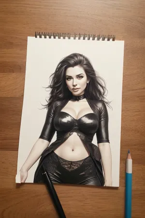 那个女人坐在她的桌子上,手拿着铅笔,画出一个完美的小时玻璃体. 她一直在画这幅画好几个小时, 试图捕捉她的腰部的完美曲线 和她的皮肤的柔软。 当她工作时,