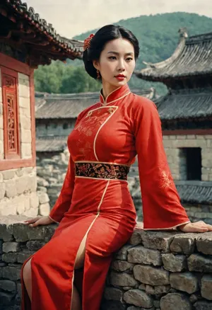 那个女人是个美极了的中国宝贝 胸大 和红色的齐波 侧身分裂 她有美丽的长发 流下她的背, 她的眼睛深如大海。 她站在一个