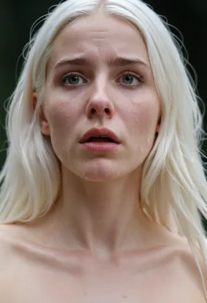 La femme était une jeune femme de 18 ans avec un corps mince et une peau blanche pâle. Elle avait un long nez, un menton, un visage mince et des cheveux blancs qui couvraient ses seins et la moitié inférieure de son corps. Son corps