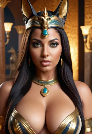A mulher com a aparência do rei egípcio Anubis tinha voluptuoso, boluptuoso, grande bunda, grandes mamas, olhos realistas, 8K UHD lábios perfeitos e olhos super detalhados. Ela era uma perfeição de corpo inteiro com alta