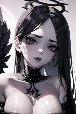 masterpiece, 18 years old goth girl, (white skin:1.5), anorexia, very thin, very thin waist, ultra-detailed, finely detail, highres, (highly detailed face:1.5), (highly detailed eyes:1.5), 8k wallpaper, (in full height:1.9), (glowing black tattoos:1.6), (dark angel young young adult girl:1.5), (full black eyes without whites:1.5), (black makeup:1.3), (a glowing black halo above the head:1.5), (big dark angel black wings:1.5), (divine light:1.3), sidedoggystyle of adult woman, tall, 1boy, ass, doggystyle of adult woman, sex, <lora:EkuneSideDoggy:.5>