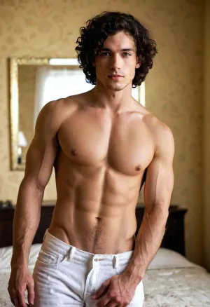 A young adult man, naked in the Badroom, takes a selfie with his erect penis visible through his skin. He has a hairboby and slim body. The woman who took the picture of him is wearing a white very skinny dress and slip