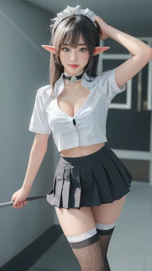A beautiful elf in a school uniform lifts her skirt showing a thong, AIDA_SayaMiku, ((leg_up, leg, lift)), gym_outfit, inside, back, view, taking, selfie, blue, hair, fishnet, thighhighs, underwear, bra, panties, maid, headdress, lingerie, cleavage, navel, choker, mahalaiuniform, white, shirt, short, sleeves, black, pencil, skirt, pleated, <lora:Love uniform_20230703153244:.5>, <lora:mahalaiuniform-000001:.5>