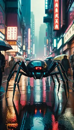 На переполненной улице в Blade Runner, роботизированный паук прятался в переулке, фотографируя людей вокруг него. Внезапно женщина из рамы вошла и остановилась, чтобы сфотографировать робота. Паук быстро качает