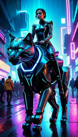 В футуристическом неоновом плаще женщина проехал большой роботизированный кот через переполненные улицы Блэйда Раннера. Ее длинные волосы повернулись вокруг ее лица, когда она ехал, ее глаза фиксируются на далеком горизонте. Она была потеряна в мысли, мечтая