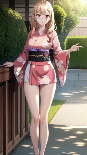 Marin, a young girl with long blonde hair and big perky breasts, was posing for her Masterpiece AI-generated porn picture. She had a random location, random pose, random view, and was wearing a gilded red kimono with