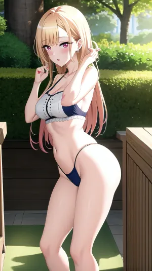 Marin, a beautiful girl with long blonde hair and big perky breasts, was posing for her Masterpiece picture. She had big buttocks and a gold earring ring in her left nipple. Her body was voluptuous and her face