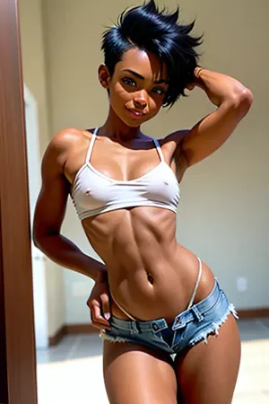 Загорелый черный томбой со средней грудью имел большую улыбку на лице, когда она вошла в комнату, в белом микро-топе, который показал ее соски и микро-тонга. Ее короткие стрижки волосы были идеальным