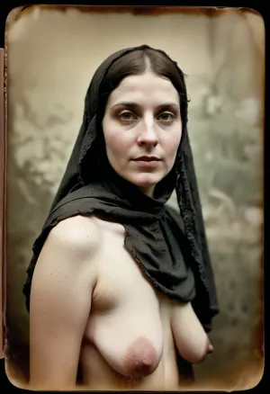 Женщина в старинной фотографии до гражданской войны одета в тонкое, тонко подробное платье. Ее глаза широко открыты, и ее лицо лишено выражения. У нее тонкое лицо и высокие скулы, с длинным, готическим стилем