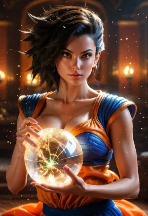 Award Winning Illustration, 1girl, holding electric energy ball, clear crystal, particles, open clothes in front, exposed breast, rendered in the style 3d dragon ball z, extreme detail, Cinematic Composition, Ambient Light, Unreal Engine, Octane, 16k, UHD, HDR, (Masterpiece:1.5), (best quality:1.5)