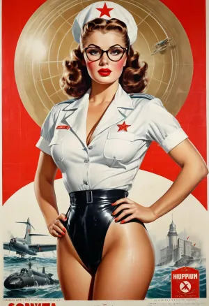 Una impresionante foto de los años 50 de un modelo con un gran culo y apretado coño, con uniforme del ejército y posando seductoramente para la cámara