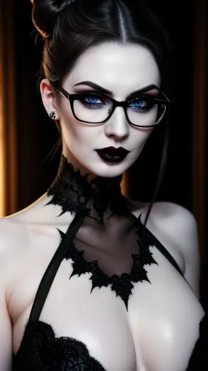 a hyper realistic ultra detailed photograph of a beautiful young adult young adult young adult girl in a castle at sunset, Nordic headmistress with shiny black hair, (((hair bun))), perfect face, perfect nose, full lips, (very pale skin), (white skin), very sexy, fashion pose, detailed symmetric beautiful eyes, detailed gorgeous face, ((castle luxurious interior)), light from fireplace, exquisite detail, skinny body, (topless), front view, (gothic makeup), red lipstick, long eyelashes, erect detailed nipples, cleavage, breasts, (close up view), ((very dark areolas)), gorgeous breasts, (nipples visible), black vampire, vampire teeth, (((open mouth))), (((vampire fangs))), burning candles, (darkest), Hyper Smoke, background, black, backlit, theme, Dark Fantasy, dark, nipples, <lora:lowkey_v1.1:.5>, wearing glasses, pale skin, blue lipstick, (full frame view), angry attitude, arrogant attitude, dominant face, bitchy face, ((Looks disapproving at the camera:1.3)), looking very angry and upset at the camera view, looking at the viewer, intense stare, look at the viewer, eye contact, looking at camera