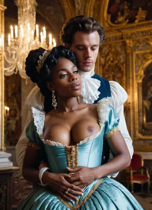 a black woman in the rococo period wearing a dress with her huge tits exposed, tits out, nipples showing in a castle in front of a young white man with his cock out sucking her nipples