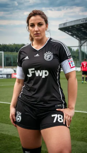 Eine Frau mit einem großen Arsch, breiten Hüften und dicken Beinen wird in einem realistischen Foto gesehen, das ein enges Frankfurter Trikot mit sechs Packungsabs trägt. Sie hat große natürliche Brüste, die leicht durchhängen und sie hat eine g-Cup Titten. Die