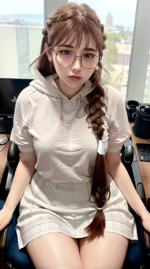 Realism, ultra resolution, high quality, a russian young adult girl with freckles, russian young adult girl, european young adult girl, 23yo, 23 years old young adult girl, freckles, grey eyes, big eyes, glasses, full lips, brown hair, a lush brown braid over her shoulder, lush braid, sitting on gamer chair, long pleated pink skirt, pleated skirt, long skirt, big hips, thick thighs, stockings, thighighs, b-cup breasts, (8k, RAW photo, best quality, DOF, ultra high res:1.2), (absurdres, intricate, photorealistic, masterpiece, ultra-detailed, Unreal Engine:1.3), circle-glasses, cat, hoodie, blue hoodie, detached sleeves, gaming, chair, pink, and, white, headphones, jyzjk, <lora:circle-glasses_v1.1:.5>, <lora:CatHoodie-10:.5>, <lora:gaming_young adult girl_v2:.5>, <lora:jyzjk:.5>, single, braid, <lora:single_braid-1.0:.5>, s0cks, sneakers, <lora:s0cks:.5>, Bags, under, eyes, <lora:bags under eyes-000009:.5>