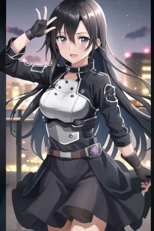 1girl, cowboy shot, beautiful kirito_ggo, long hair, black hair, black eyes, outdoors, skin fit, kirito_suit, night, city, volumetric lighting, best quality, masterpiece, intricate details, tonemapping, sharp focus, hyper detailed, trending on Artstation, <lora:kirito-15 v2:.6>
