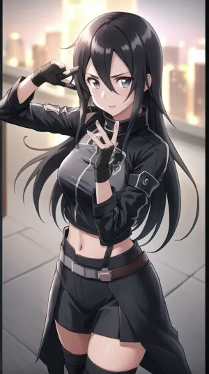 1girl, cowboy shot, beautiful kirito_ggo, long hair, black hair, black eyes, Seductive, outdoors, skin fit, Black sports bra, Yoga s, Thigh highs, night, city, volumetric lighting, best quality, masterpiece, intricate details, tonemapping, sharp focus, hyper detailed, trending on Artstation, <lora:kirito-15 v2:.6>