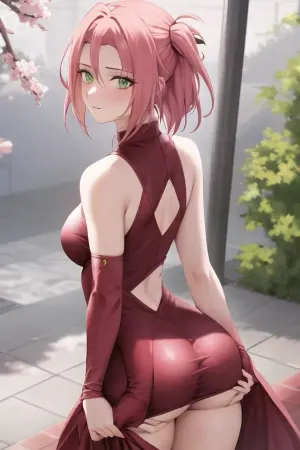 长着粉色头发和绿色眼睛的女孩正看着观众,她的头发散开在她身后. 她穿着以樱花为主题的服装,包括粉红色发带和红色迷你裙. 她的爆炸已经分开