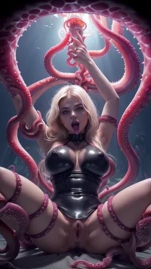 The woman enters a dungeon with an ancient monster, subjected to experiments involving sex with monsters. Her body is stretched and contorted in ways that are both painful and pleasurable