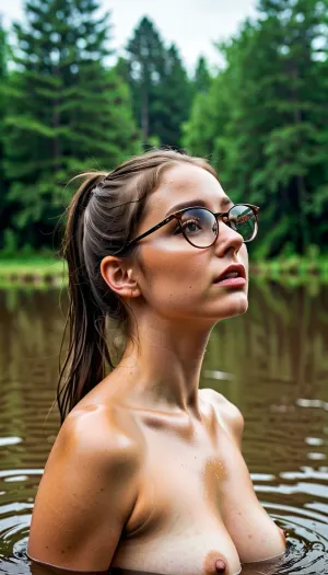 Eine Frau, mit geschlossenen Augen, badete im Sumpfwasser. Sie hatte eine starke dicke Oberschenkel und trug Gläser. Ihr Gesicht war rund und die Wangen waren kublig. Sie hatte eine Spitzen-Heiligkeit und ultra-detailed