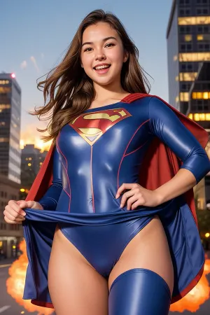 A young girl with a cute smile and round face was taking a picture with her high resolution super phone when she noticed the huge explosion flame in the distance. She quickly took out her tight suit and showed off her smooth light body in frame, while lifting