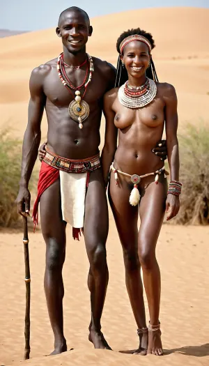 woman, full body picture, very tall, very skinny, African Masai tribe bride fucking with tribe groom, traditional accessories adorned on nude body, ebony skin, natural perky boobs, seductive smile, desert field, hairy pussy, legs wide open, party, intercourse with young tribal warriors, very large penis