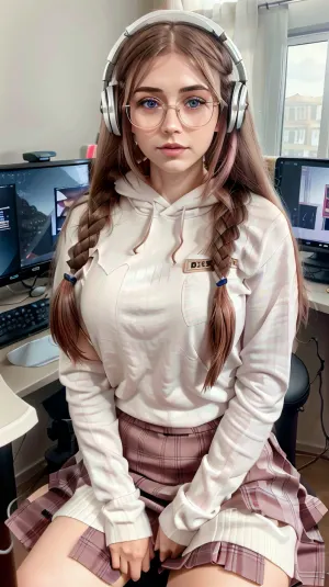 Realism, ultra resolution, high quality, a russian girl with freckles, russian girl, european girl, 23yo, 23 years old girl, freckles, grey eyes, big eyes, glasses, full lips, brown hair, a lush brown braid over her shoulder, lush braid, sitting on gamer chair, long pleated pink skirt, pleated skirt, long skirt, big hips, thick thighs, stockings, thighighs, b-cup breasts, (8k, RAW photo, best quality, DOF, ultra high res:1.2), (absurdres, intricate, photorealistic, masterpiece, ultra-detailed, Unreal Engine:1.3), circle-glasses, cat, hoodie, blue hoodie, detached sleeves, gaming, chair, pink, and, white, headphones, jyzjk, single, braid, s0cks, sneakers, <lora:circle-glasses_v1.1:.5>, <lora:CatHoodie-10:.5>, <lora:gaming_girl_v2:.5>, <lora:jyzjk:.5>, <lora:single_braid-1.0:.5>, <lora:s0cks:.5>