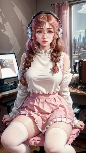 Realism, ultra resolution, high quality, a russian girl with freckles, russian girl, european girl, 23yo, 23 years old girl, freckles, grey eyes, big round eyes, round eyes, glasses, full lips, brown hair, a lush brown braid over her shoulder, lush braid, sitting on gamer chair, long pleated pink skirt, pleated skirt, pink skirt, long skirt, big hips, thick thighs, stockings, thighighs, b-cup breasts, (8k, RAW photo, best quality, DOF, ultra high res:1.2), (absurdres, intricate, photorealistic, masterpiece, ultra-detailed, Unreal Engine:1.3), circle-glasses, cat, hoodie, blue hoodie, detached sleeves, gaming, chair, pink, and, white, headphones, <lora:circle-glasses_v1.1:.5>, <lora:CatHoodie-10:.5>, <lora:gaming_girl_v2:.5>, single, braid, <lora:single_braid-1.0:.5>, s0cks, sneakers, <lora:s0cks:.5>, <lora:detailed_eye-10:.5>