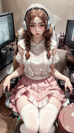 Realism, ultra resolution, high quality, a russian girl with freckles, russian girl, european girl, 23yo, 23 years old girl, freckles, grey eyes, big round eyes, round eyes, glasses, full lips, brown hair, a lush brown braid over her shoulder, lush braid, sitting on gamer chair, long pleated pink skirt, pleated skirt, pink skirt, long skirt, big hips, thick thighs, stockings, thighighs, b-cup breasts, (8k, RAW photo, best quality, DOF, ultra high res:1.2), (absurdres, intricate, photorealistic, masterpiece, ultra-detailed, Unreal Engine:1.3), circle-glasses, cat, hoodie, blue hoodie, detached sleeves, gaming, chair, pink, and, white, headphones, jyzjk, <lora:circle-glasses_v1.1:.5>, <lora:CatHoodie-10:.5>, <lora:gaming_girl_v2:.5>, <lora:jyzjk:.5>, single, braid, <lora:single_braid-1.0:.5>, s0cks, sneakers, <lora:s0cks:.5>, <lora:detailed_eye-10:.5>
