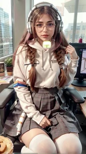 Realism, ultra resolution, high quality, a russian girl with freckles, russian girl, european girl, 23yo, 23 years old girl, freckles, grey eyes, big eyes, glasses, full lips, brown hair, a lush brown braid over her shoulder, lush braid, sitting on gamer chair, long pleated pink skirt, pleated skirt, long skirt, big hips, thick thighs, stockings, thighighs, b-cup breasts, (8k, RAW photo, best quality, DOF, ultra high res:1.2), (absurdres, intricate, photorealistic, masterpiece, ultra-detailed, Unreal Engine:1.3), circle-glasses, cat, hoodie, blue hoodie, detached sleeves, gaming, chair, pink, and, white, headphones, jyzjk, single, braid, s0cks, sneakers, <lora:circle-glasses_v1.1:.5>, <lora:CatHoodie-10:.5>, <lora:gaming_girl_v2:.5>, <lora:jyzjk:.5>, <lora:single_braid-1.0:.5>, <lora:s0cks:.5>