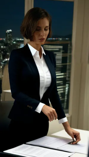 The woman with casual hair sat at the boardroom table, her eyes scanning the room as she took in the various professionals. She was dressed in a simple black dress that hugged her curves and showed off her long legs. Her hair was styled in a