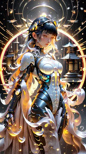 युवा वयस्क महिला को जटिल विवरण और जटिल रंगों के साथ अति-विवरणित मेचा पायलट सूट पहने हुए एक मार्शल आर्ट्स में चित्रित किया गया है जो उसके सिर के ऊपर उठाया गया था। उसके पास लंबे बाल हैं जो उसके पीछे बहते हैं और उन्हें उनके जैसा दिखता है।