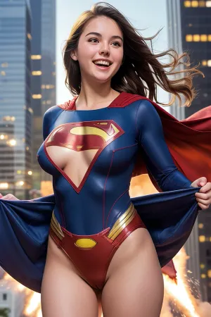 smooth light, smile, (flying), high resolution, 18 years old, cute, round face, super girl, (suit is torn and breast is visible), tight suit, view from the floor, full body in frame, huge explosion flame, on big city, surprised expression, show off pussy, superman mark, skirtlift, <lora:skirtlift-v1:.5>
