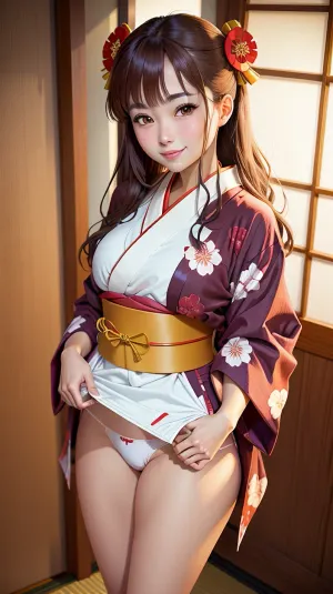 Resimdeki kız kahverengi obi ile beyaz bir kimono giyiyor. kahverengi gözlere ve kahverengi saçlara sahiptir. O, yukata'yı panties ve sash'ı ortaya çıkarmak için gülümsüyor. Onun cum olabilir