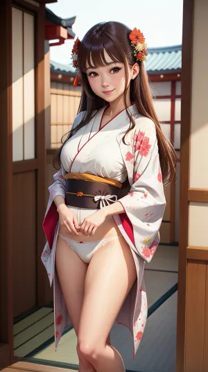 Resimdeki kız kahverengi obi ile beyaz bir yukata giyiyor, panties ve sash onun belinin etrafında bağlanır. Kimono'yu iç çamaşırlarını ortaya çıkarmak için kaldırır, bu da etraflarında birbirine bağlı olan beyazdır