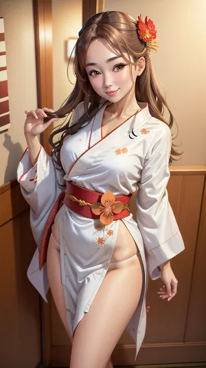 女孩站在镜子前,赞美她的和服,这是用豪华的褐色织物和银线做的. 她选择了一只长袖长裙,腰上绑着一条很紧的衬衫。 她的棕色头发